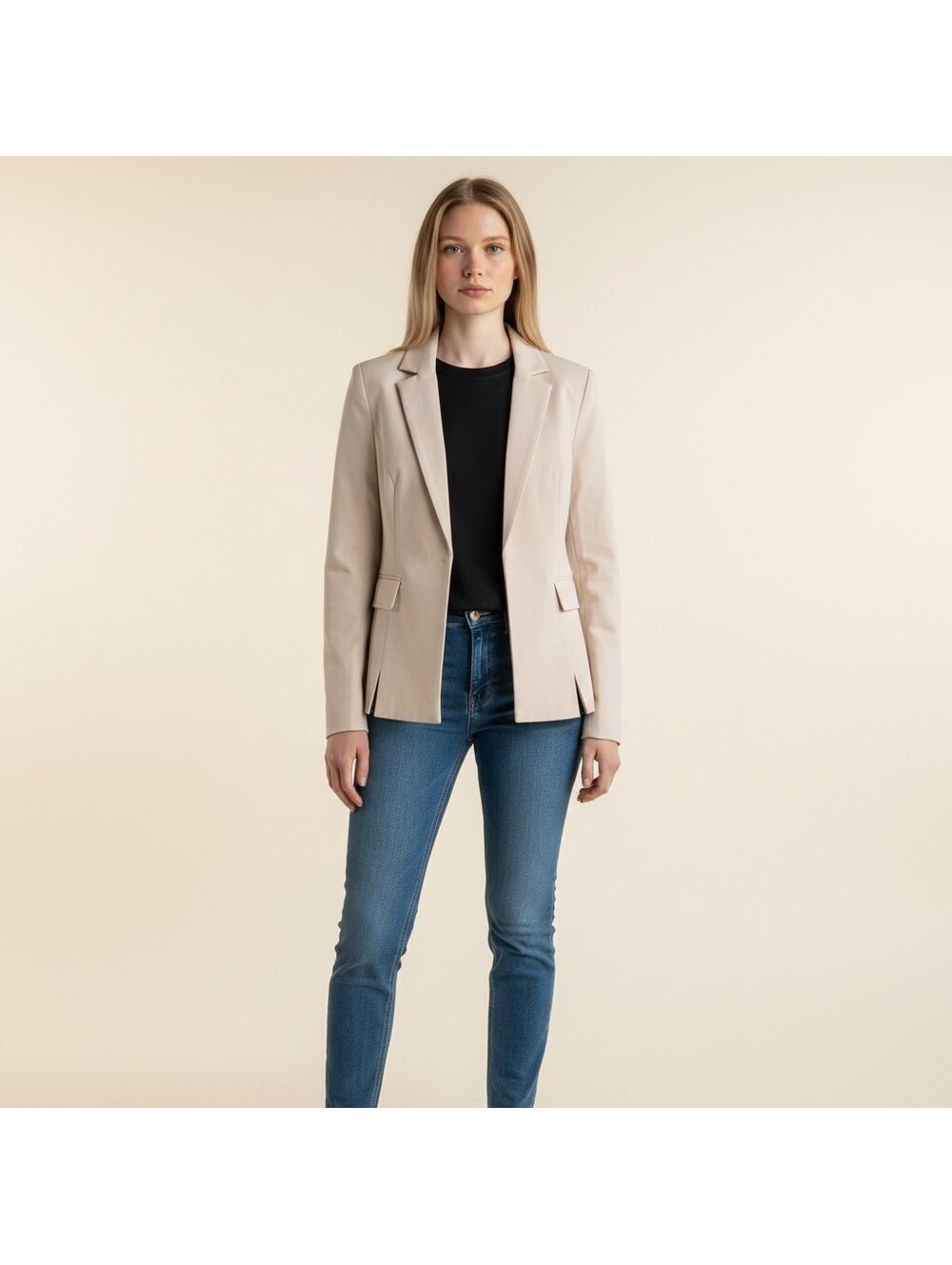 Allegra K Blazer Women M Medium Beige Collared Open Front Long Sleeve Lined